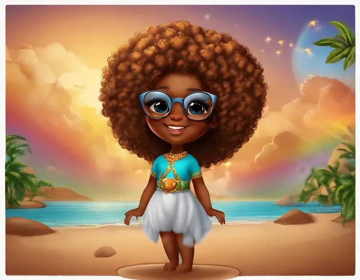 menina africana, cabelo cacheado, chibi, corpo inteiro, olhos grandes e castanhos, sentada, In the background a rainbow with the word "BEATRIZ",Background Silica Color, com vestido laranja, bespectacled, imagem 3d