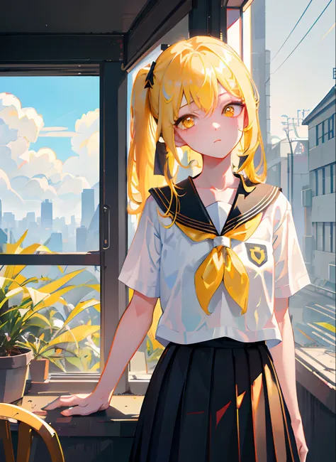 (巨作, Best Quality: 1.4), A highly detailed, illustration, (独奏, 1girll, loli: 1.2), Bright., outdoor, rural, Yellow hair, Yellow eyes, golden eyes, Shining eyes. The frown looks like, Black School Uniform, school background, Short black skirt, Short black s...