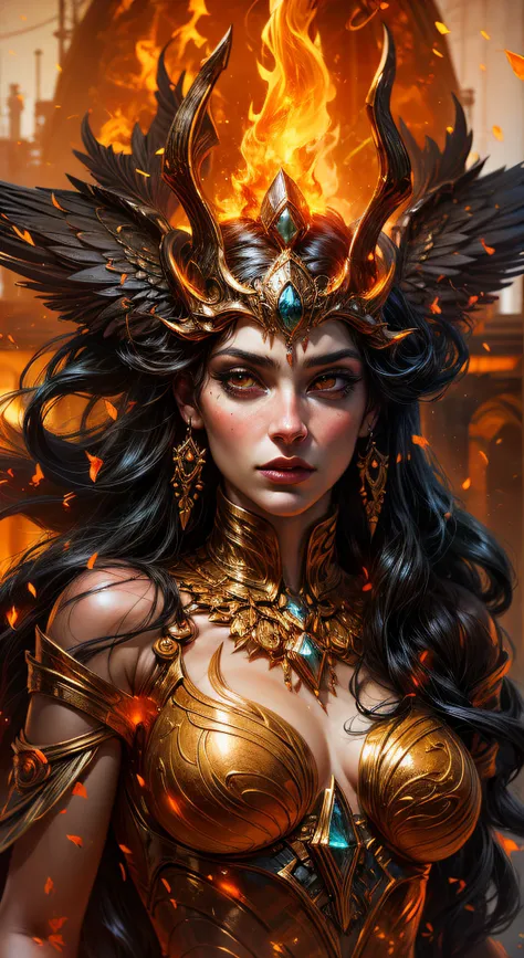 This is a realistic fantasy work of art, on which realistic fire is visible, including streams of flame, Smoldering hot coals, thin curls of smoke, and a beautiful fire druid. A druid stands in the middle of a raging hell with an interesting composition. H...