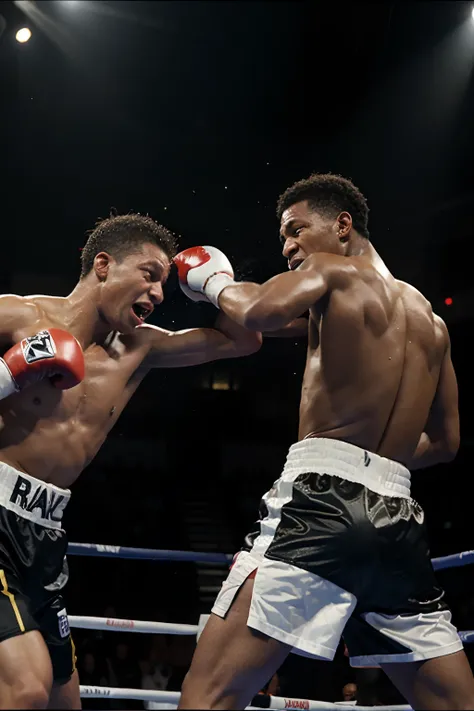 boxing in the ring two boxer one black "Sugar Ray Robinson" the other white "jack Lamotta" screaming crowd headlights illuminate the ring.