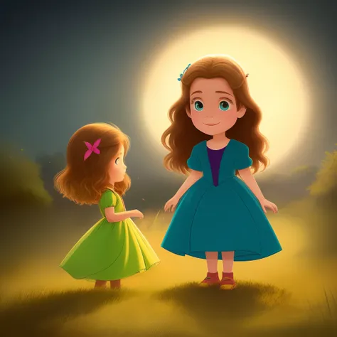 Uma imagem no desenho estilo Disney, Deciduous princess sisters, a 7 year old with long dark brown wavy hair, e olhos castanho bem escuro, and her 2-year-old younger sister with short blond hair and light green eyes