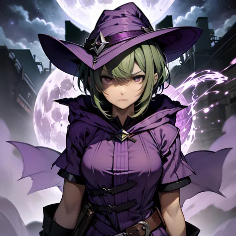 top-quality、extremely delicate and beautiful、(A teenage girl)、Purple Eye、Green hair、short-haired、(purple witch hat)、Purple tie、Soio、shortsleeves、Purple skirt、Purple Wizard Robe、Navel、is standing、Facing the front、Expression of hatred、Full moon night on back...