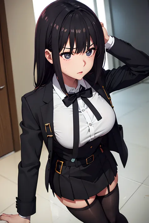 Suit,Collared shirt,Belt bag,Suspenders Black Miniskirt　garterbelts　knee high　Stockings　Black Niso　Colorcon armpit sweat　perspiring　Side of both hands,Black jacket,Gaze,ample bosom,Armpit sweat,Exposing the armpits"Tight clothes、Cuffed、Wristband Bangs Cent...