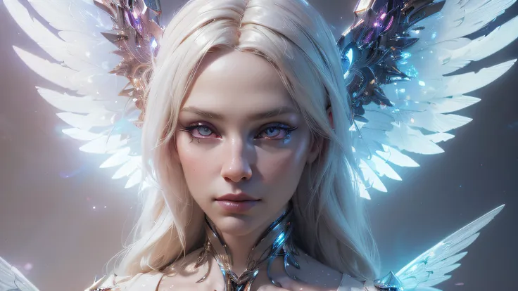 blond woman with white hair and blue wings on her face, beautiful cyborg angel girl, 3 d render character art 8 k, portrait of a beautiful angel, digital fantasy art ), fantasy art behance, artgerm ; 3d unreal engine, angelic face, unreal engine render + a...