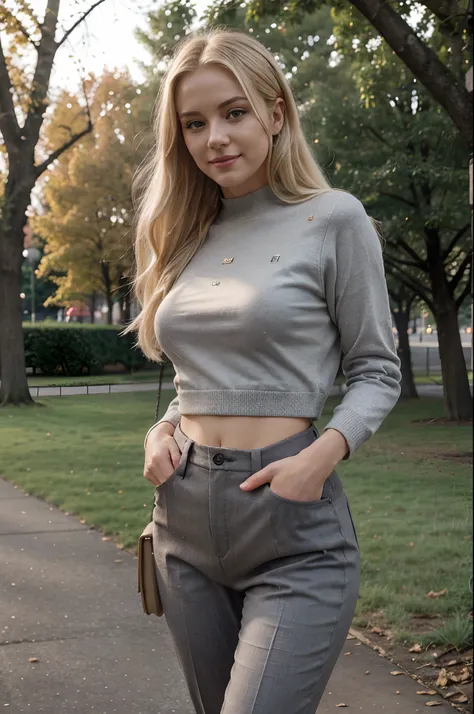 long hairs blonde woman 30 years old in grey wool pull over and black trousers, (face marilyn monroe:0.9), holding an iphone in her right hand, walking in a park, end of day, flirting with camera, light smile, front shot, 85mm, Nikon, UHD, masterpiece, ana...