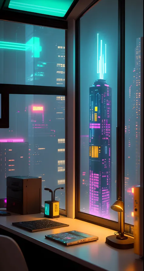 small chamber　Cyberpunk tall building and neon lights outside the window　Computer on desk