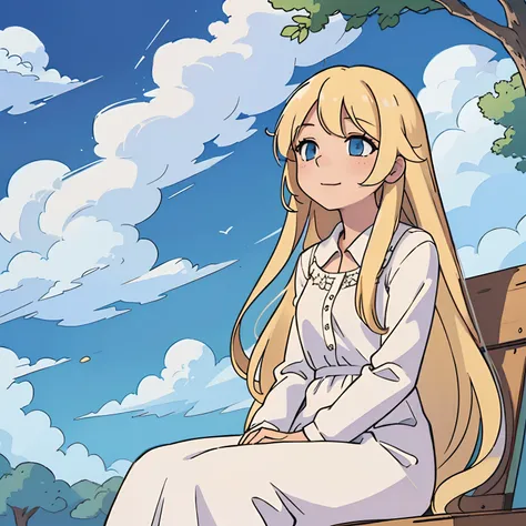 1girl, sitting under a tree, ((looking at the sky)), looking up, light smile, closed mouth, white dress, relief, blonde hair, ((very long hair)), clouds,