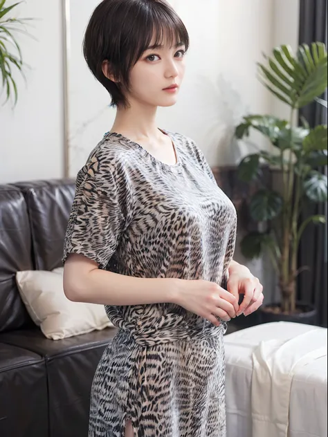 60
(a 20 yo woman,is standing), (A hyper-realistic), (masutepiece), ((A dark-haired、short-hair:1.3)), (Breast), Gentle expression, (Clothing printed with wild animal characters)