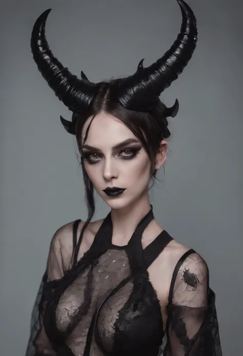 demon woman with horns dressed in fetish lingerie posing for a photo in a dark minimal studio, darksynth aesthetic, minimal background, goth makeup, bizarre fashion photography, ultra detailed, masterpiece.