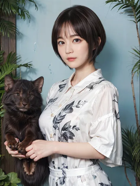 60
(a 20 yo woman,is standing), (A hyper-realistic), (masutepiece), ((A dark-haired、short-hair:1.3)), (Breast), Gentle expression, (Clothing printed with wild animal characters)