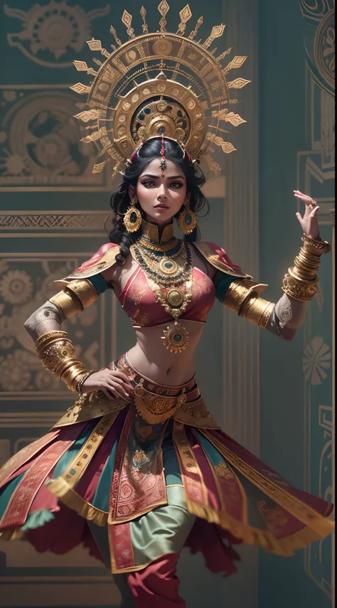 Robot Indian dancer,Metal color scheme,Highly detailed face and body,Sparkling eyes and vibrant makeup,ornate jewelry,Smooth and elegant movements,traditional Indian clothing,Gears and clockwork mechanisms are widely used,Ethereal backdrop with hints of In...