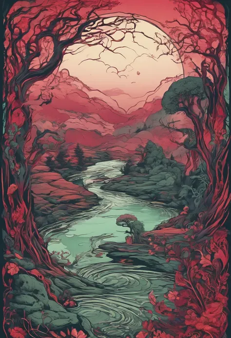 The dreaded Forget River under the red moonlight,  Dark fantasy, Haunting atmosphere, Mystical fog, Twisted tree roots, Creepy glowing mushrooms, Turbid green water, Mossy rocks, Surface ripples, Subtle moonlight reflections, The sinister silhouette of the...