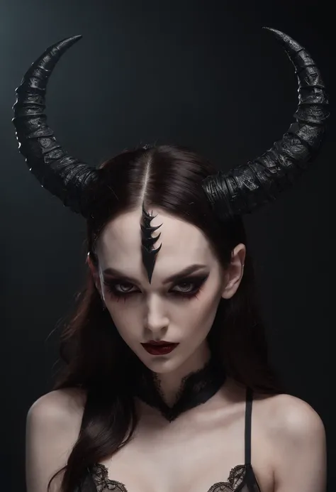 demon woman with horns dressed in sexy lingerie posing for a photo in a dark minimal studio, darksynth aesthetic, minimal background, goth makeup, bizarre fashion photography, ultra detailed, masterpiece.