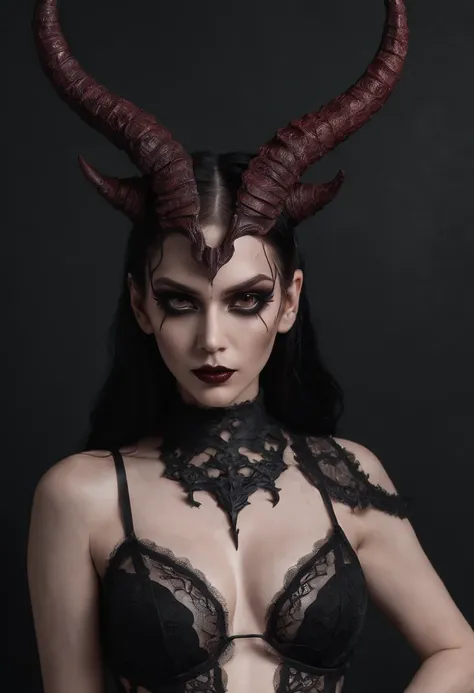 demon woman with horns dressed in sexy lingerie posing for a photo in a dark minimal studio, darksynth aesthetic, minimal background, goth makeup, bizarre fashion photography, ultra detailed, masterpiece.