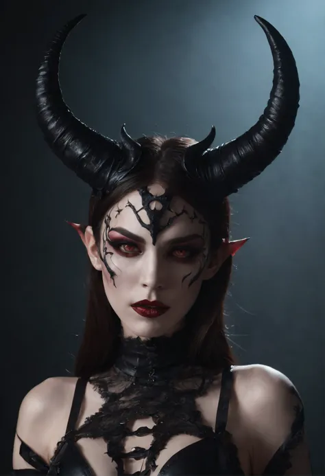 demon woman with horns dressed in fetish lingerie posing for a photo in a dark minimal studio, darksynth aesthetic, minimal background, goth makeup, bizarre fashion photography, ultra detailed, masterpiece.