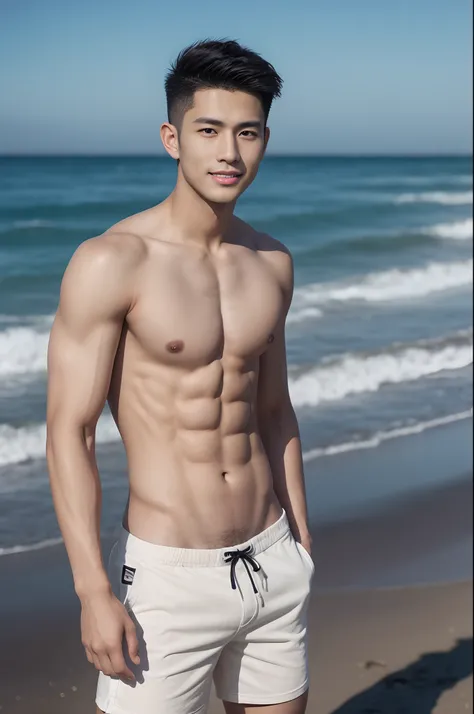 arafed boy in a shorts, Full Body Shoot, Quiff haircut, look at camera, detailed facial parts, Manly, Charmer, Active Boy, beach background, Freestyle Pose, Happy Expression, perfect anatomy, symmetric body, asian boy 19 years old, shirtless :: high detail...