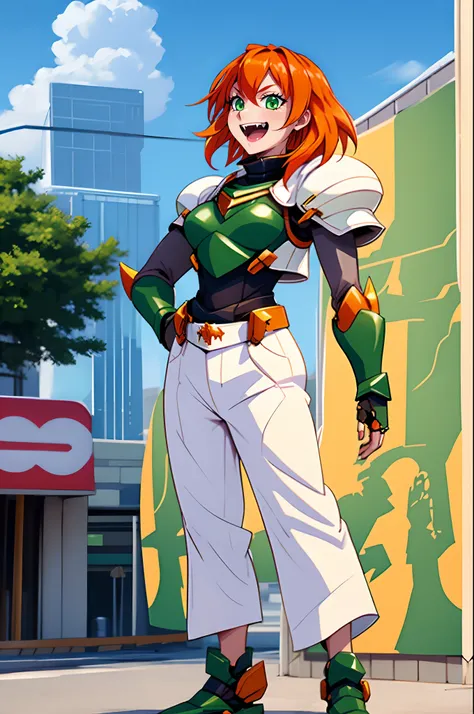 excel, orange hair, smile, fang, open mouth, green eyes,standing, medium breast, pants, pullover, , full body,knight armor, armore, sword holding, fantasy cyberpunk city magic