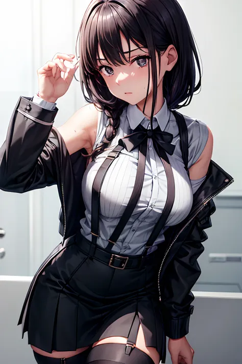 suit,collared shirt,belt bag,suspenders black miniskirt　garterbelts　knee high　stockings　black niso　colorcon armpit sweat　perspir...