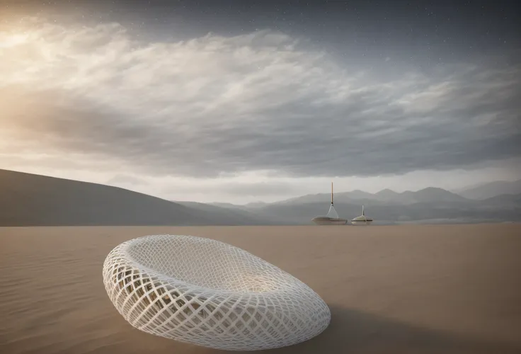 There is a building, 3 d mesh, mesh structure, shaped like torus ring, Parametric physical works, parametric structure, param, parametric design, computer generated, computer - generated, on textured disc base, Mesh, 3d cell shaded, monochrome 3 d model, 3...