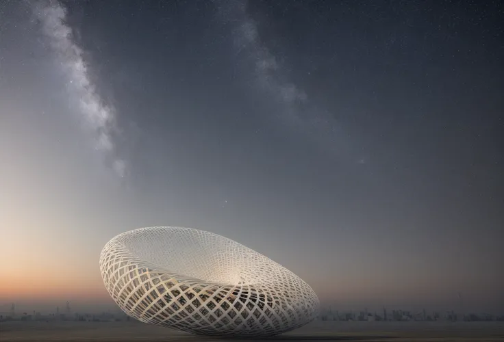 There is a building, 3 d mesh, mesh structure, shaped like torus ring, Parametric physical works, parametric structure, param, parametric design, computer generated, computer - generated, on textured disc base, Mesh, 3d cell shaded, monochrome 3 d model, 3...