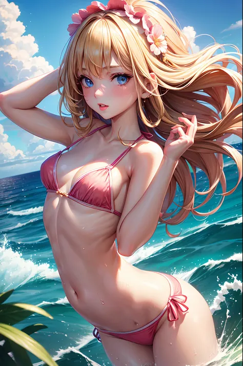 1girl, solo, elegant hair (full body: 1.1), (back at the viewer: 1.1), tight small strawberry bikini, at the beach, filmy , sweet_lolita, Best quality, masterpiece, blond hair, blue eyes, exquisite mouth, very detailed face, blush, Shiny wet skin,Pink lips...