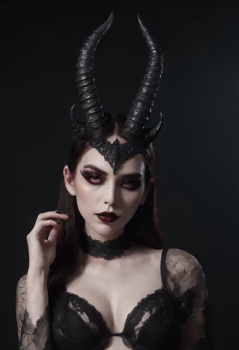 breathtaking demon woman with horns dressed in sexy lingerie posing for a photo in a dark minimal studio, darksynth aesthetic, minimal background, goth makeup, bizarre fashion photography, ultra detailed, masterpiece.