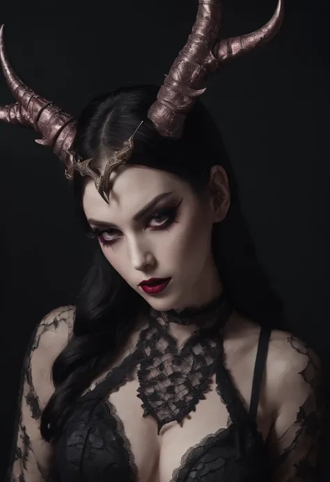 breathtaking demon woman with horns dressed in sexy lingerie posing for a photo in a dark minimal studio, darksynth aesthetic, minimal background, goth makeup, bizarre fashion photography, ultra detailed, masterpiece.