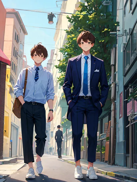 a high school boy、1人、校服、long trousers、Navy blue tie、Blue sneakers、Brown hair、Sporting hairstyle、male