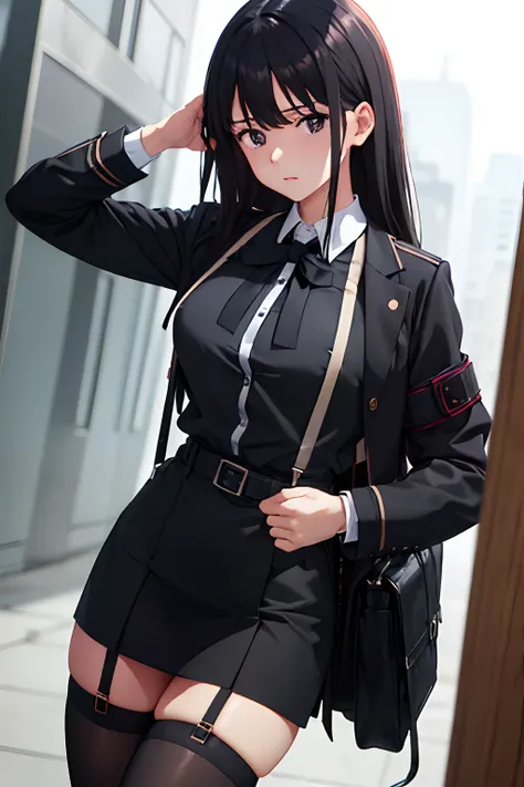 Suit,Collared shirt,Belt bag,Suspenders Black Miniskirt　garterbelts　knee high　Stockings　Black Niso　Colorcon armpit sweat　perspiring　Side of both hands,Black jacket,Gaze,ample bosom,Armpit sweat,Exposing the armpits"Tight clothes、、Wristband Bangs Center Par...