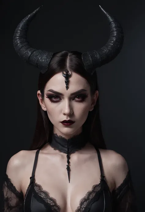 breathtaking demon woman with horns dressed in sexy lingerie posing for a photo in a dark minimal studio, darksynth aesthetic, minimal background, goth makeup, bizarre fashion photography, ultra detailed, masterpiece.