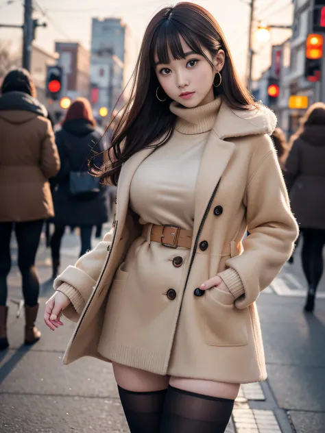 top-quality、masutepiece、high-level image quality、ultra-definition、accurate depiction、One lady、25 year old woman、Beautuful Women、japanes、goddess of Japan、with round face、dye ones cheeks red、Thick long beige coat、Wine Red Sweater、Miniskirt in felt fabric、Bla...