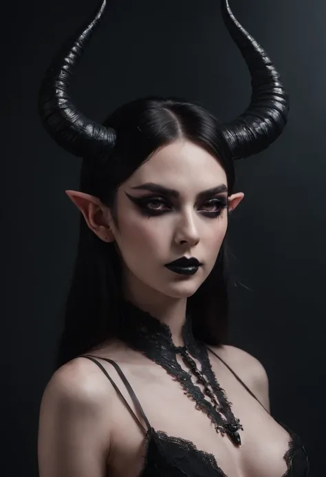 breathtaking demon woman with horns dressed in sexy lingerie posing for a photo in a dark minimal studio, darksynth aesthetic, minimal background, goth makeup, bizarre fashion photography, ultra detailed, masterpiece.