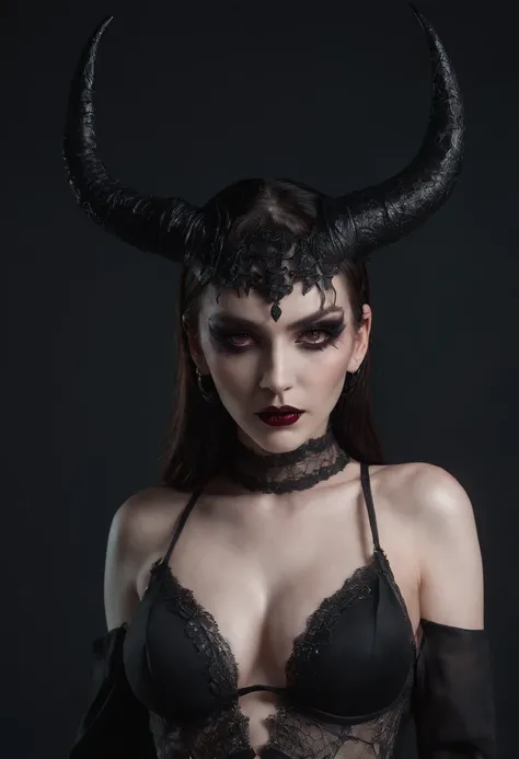 breathtaking demon woman with horns dressed in sexy lingerie posing for a photo in a dark minimal studio, darksynth aesthetic, minimal background, goth makeup, bizarre fashion photography, ultra detailed, masterpiece.