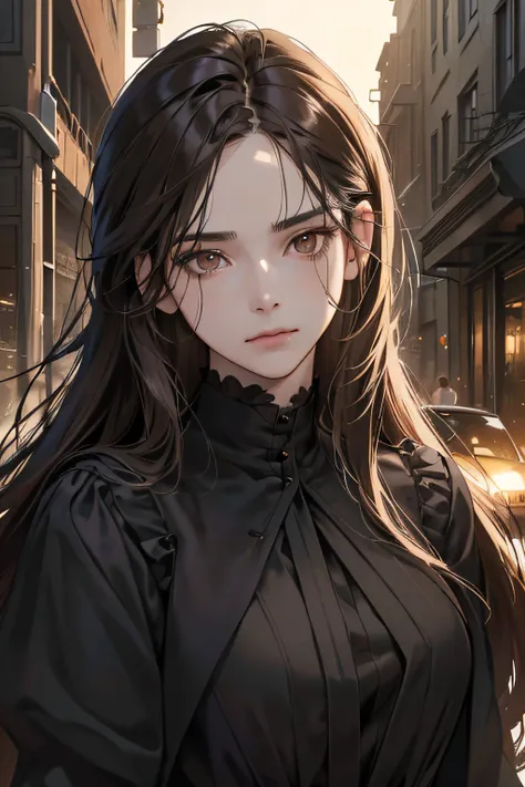 masterpiece, best quality, ultra detailed, 8K photorealistic dark dystopian setting, realistic lighting, HDR image, Manhwa art, 1 28 year old woman, very beautiful, perfect lines, brown eyes, long hair, movement, wearing black clothes, na destroyed street,...