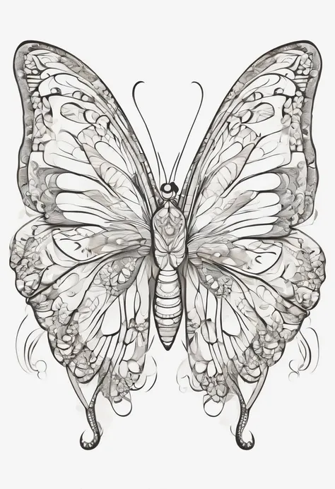 Butterfly, cartoon style, thick lines, no color, white background, strokes only.