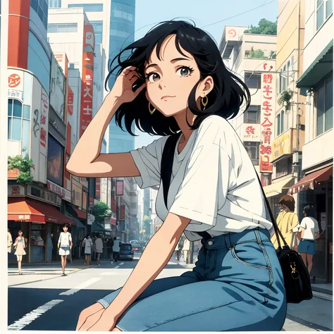 Ghibli style,Daytime atmosphere,  Citypop, a beauti, sexy face, a pretty woman, Gentle Eyes, The 70s, 80s style, Retro,   large earring,  Its emotional, Ghibli , In a Japanese anime style, ,Cute face, the anime, Seductive eyes,  first love, 1 Shy girl, Cit...