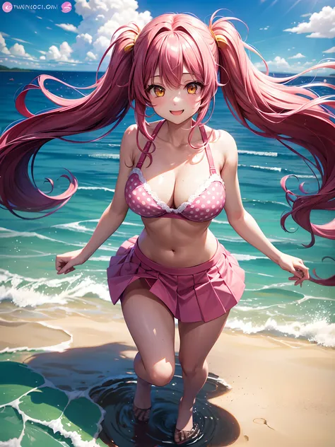 1girl, solo, ((full body)), waste water, long hair, deep pink hair, twintail, huge breasts, deep pink bra, large dotted bra, yellow eyes, deep pink skirt, smile, looking at the viewer, jumping, front view