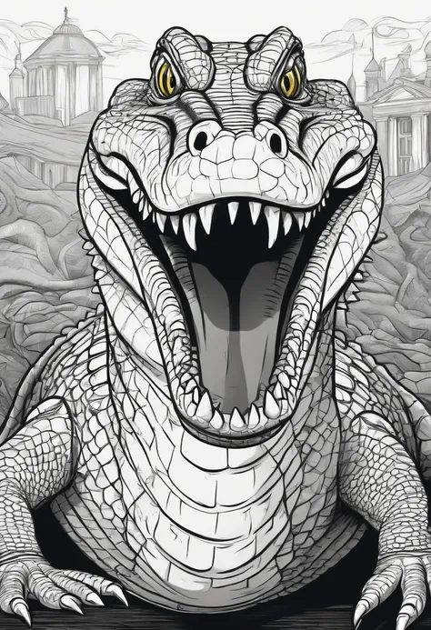 Crocodile, cartoon style, thick lines, no color, white background, strokes only.