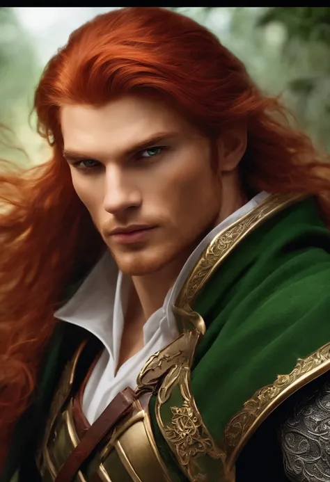 "heroic male swordsman", red hair, fantasy, duelist, green eyes, handsome, head and shoulders portrait, intricately detailed eyes