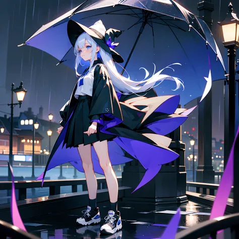 Rainy nights、A port town lined with buildings、Yokohama、Standing Girl、Black coat、white t-shirt、a black skirt、beautiful thigh、Beautiful calves、Rob hair with white hair color with blue-violet mesh、Looking at me crying、Black sneakers with white shoelaces、Large...