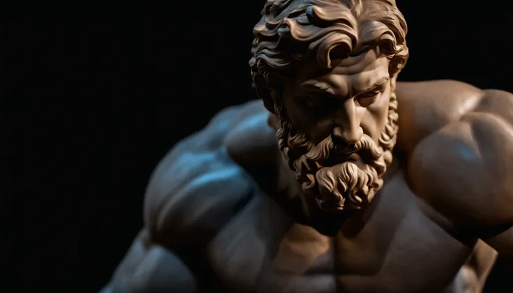 Hercules-like Greek statue, close-up, 8k, black background