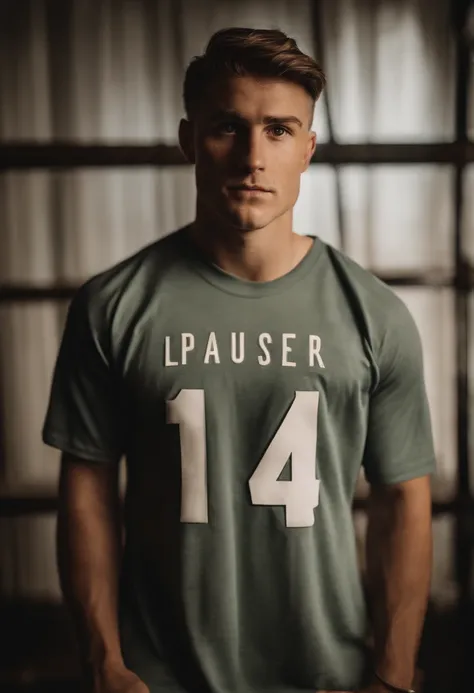 Portrait of jake elliot (eagles kicker) wearing a shirt that says “i paused my lucki to be here”