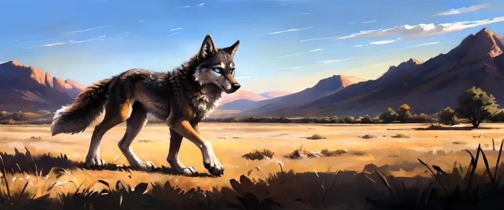 ((Solo)), Male, coyote, (Multi-colored fur, White-brown:1.3，White tail pointed), ((Wolf face, White hair, Big eyes, White eyelids, Blue pupil, Slim:1.2) (Tough, Calm expression:1.2)), Robust，Slim, pinging)), (Correct body anatomy), A long big tail，Feet，Lon...