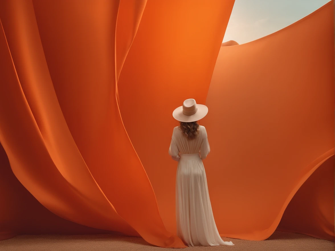 woman wearing a hat stands beneath an orange banner, in the style of luminous 3d objects, sculptural landscapes, delicate compositions, flowing fabrics, thomas wrede, colorful compositions, elegant compositions