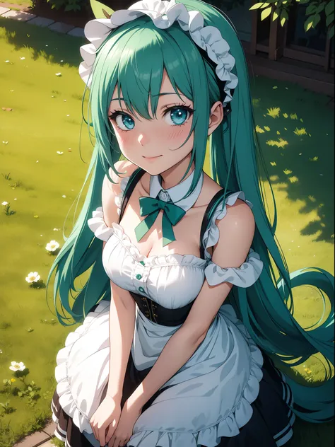 Official art、Top quality ultra-detailed CG art、miku hatsune：１.２）、Green head hair、lively girl、Maids、Transcendent Cute、kirakira、Twin-tailed、ssmile、bob cuts、turn、From  above