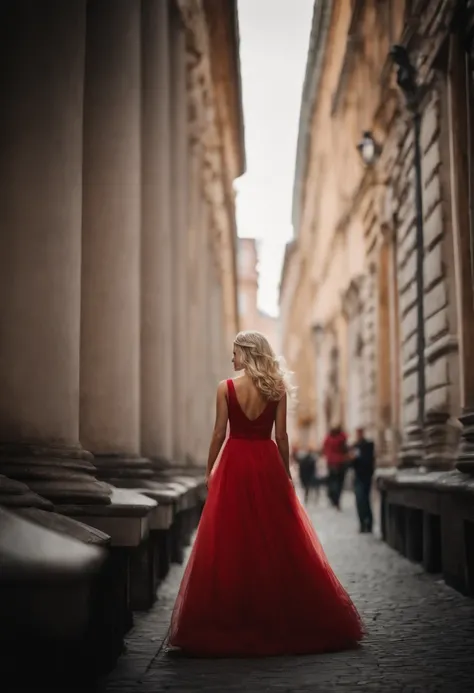 eine Frau mit blonden haaren in einem roten kleid