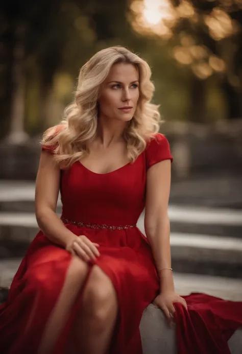 eine Frau mit blonden haaren in einem roten kleid