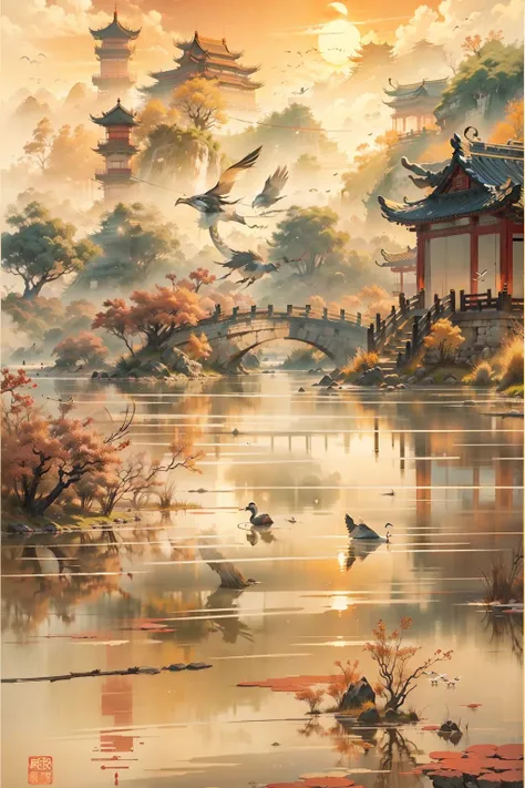 China ink painting，ink，The sunset and the solitary crane fly together，The autumn water is the same for a long time，The beauty of ancient poetry，the setting sun，Wild geese in the sky in the distance，Ancient buildings are scattered