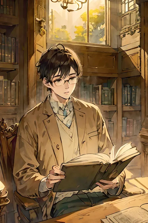 (a young man, glasses, detailed eyes and face), (an old library), (reading a book, focused), (sunlight streaming through the window), (serene atmosphere), (vintage, classical), (warm color palette), (gentle lighting)