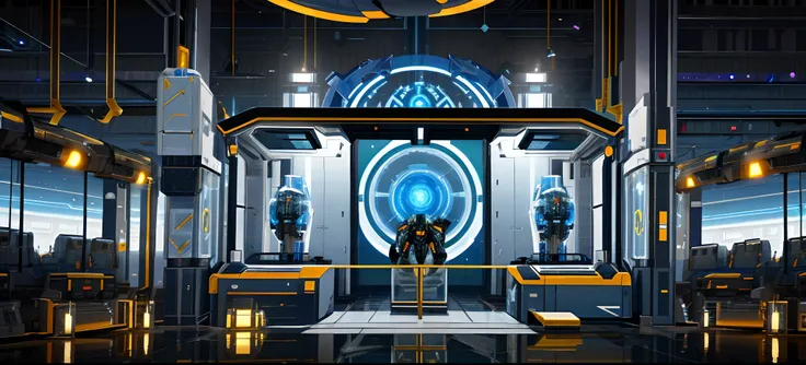 There is a large circular room with lots of lights, Futuristic cloning facility, hangar de naves espaciais, fundo da arena, stunning arcanum backdrop, Clone Lab, futuristic production facility, em uma arena futurista, Standing in a Starbase bar, LEDS Horiz...